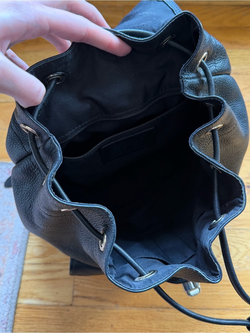 Coach Black Pebbled Leather Drawstring Backpack with Gold Turnlock Hardware - Picture 3 of 5